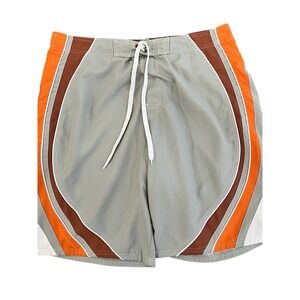 NOBO Swim Board Shorts Adult Size 36 Gray Orange Rust Striped Lined Pool Beach